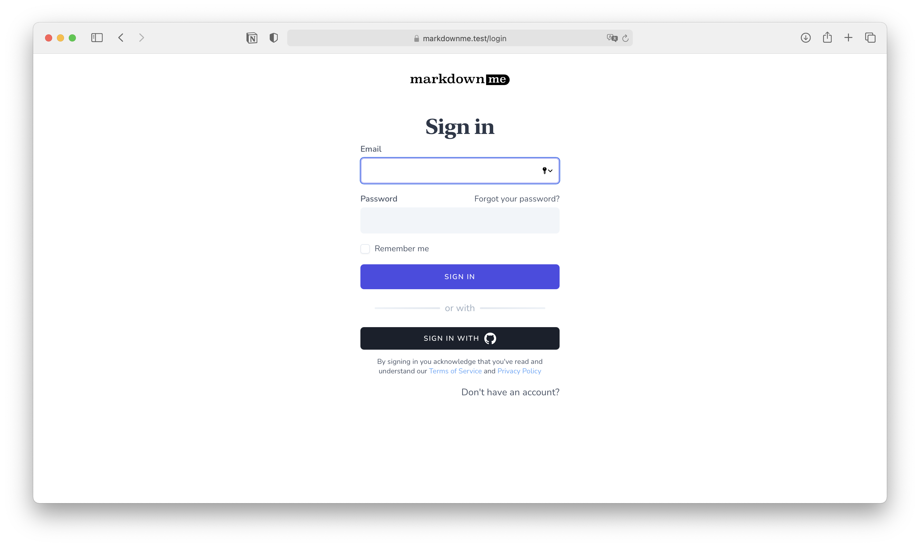 MarkdownMe Project Login Page